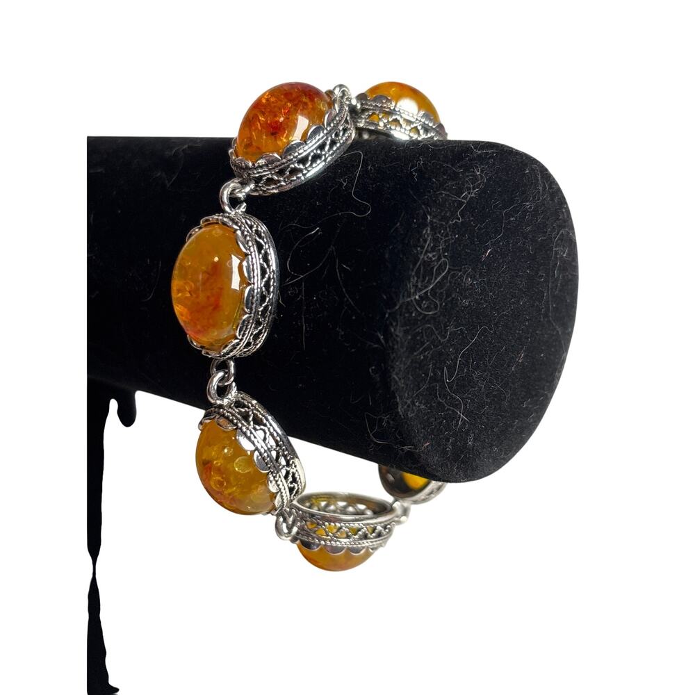 Lab Grown Amber and Sterling Silver Orange Oval Stone Bracelet 7”